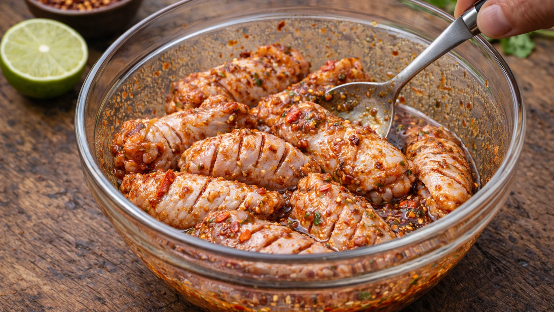 Куриные крылышки перемешивают с чили лайм маринадом в миске