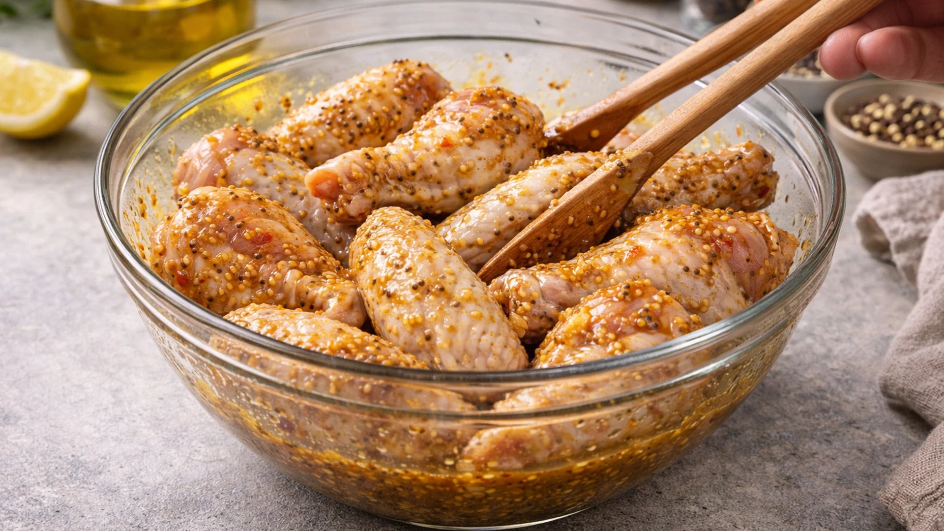 Крылышки перемешиваются с горчично медовым маринадом в миске