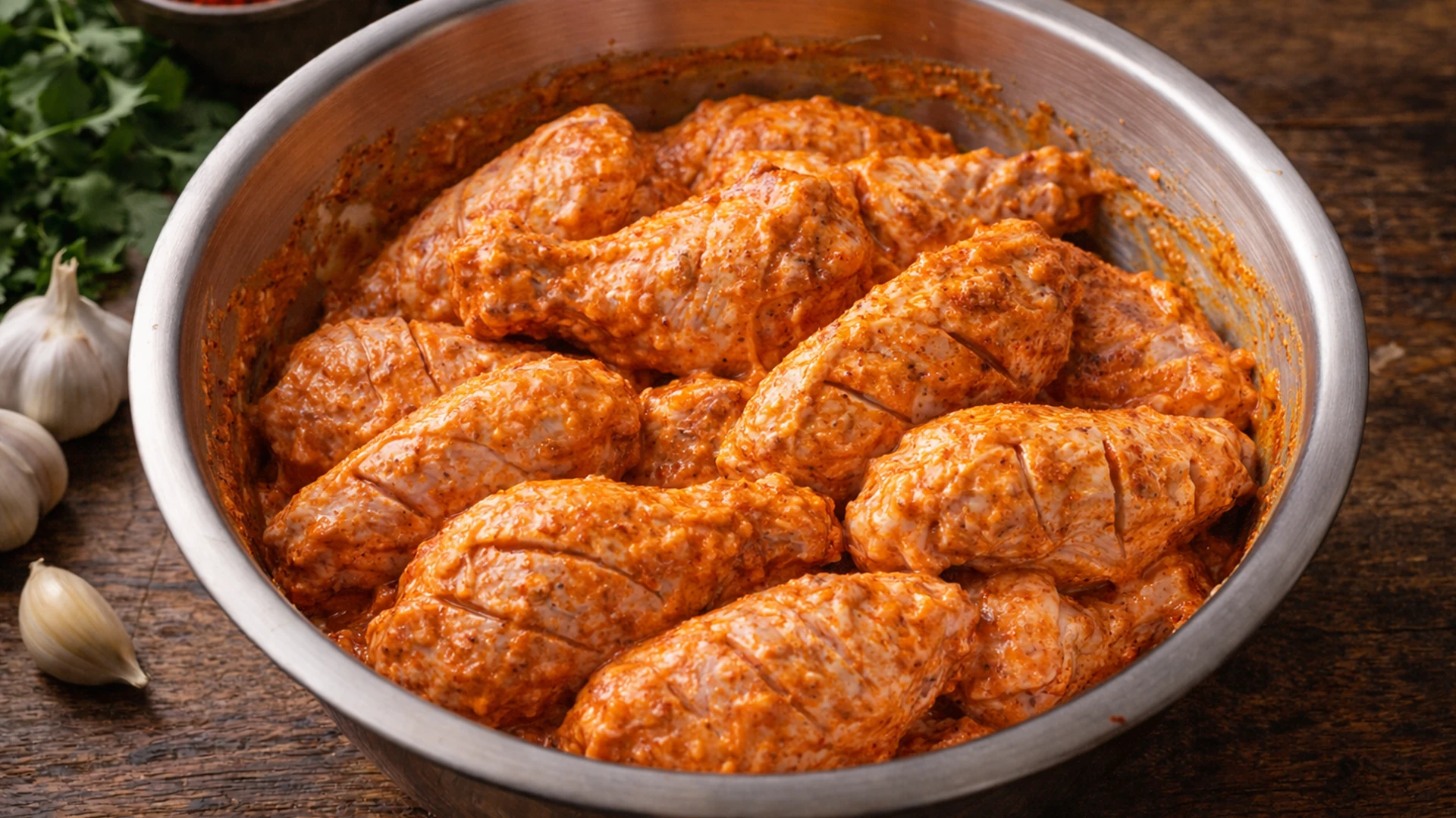 Куриные крылышки в миске полностью покрыты густым йогуртовым маринадом тандури