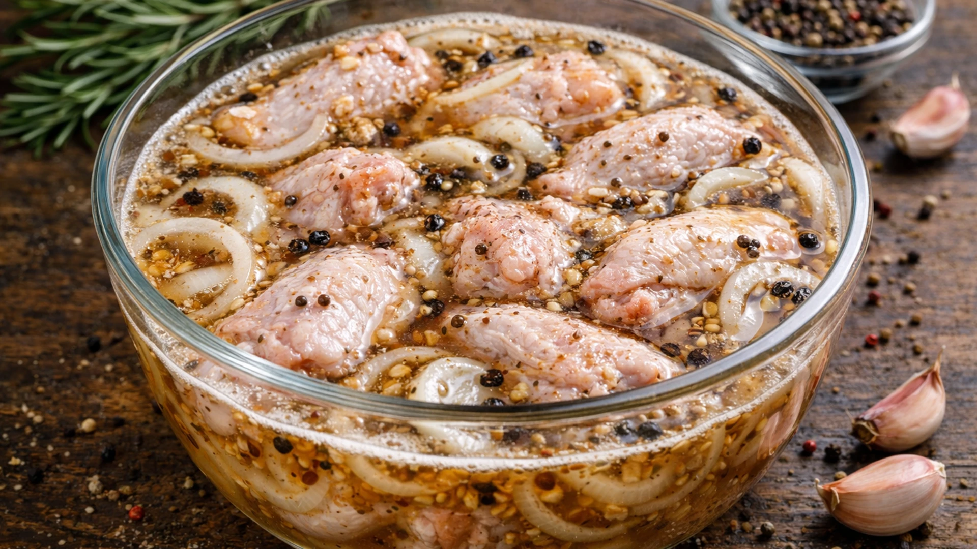 Куриные крылышки с луком в пивном маринаде в миске перед жаркой на мангале