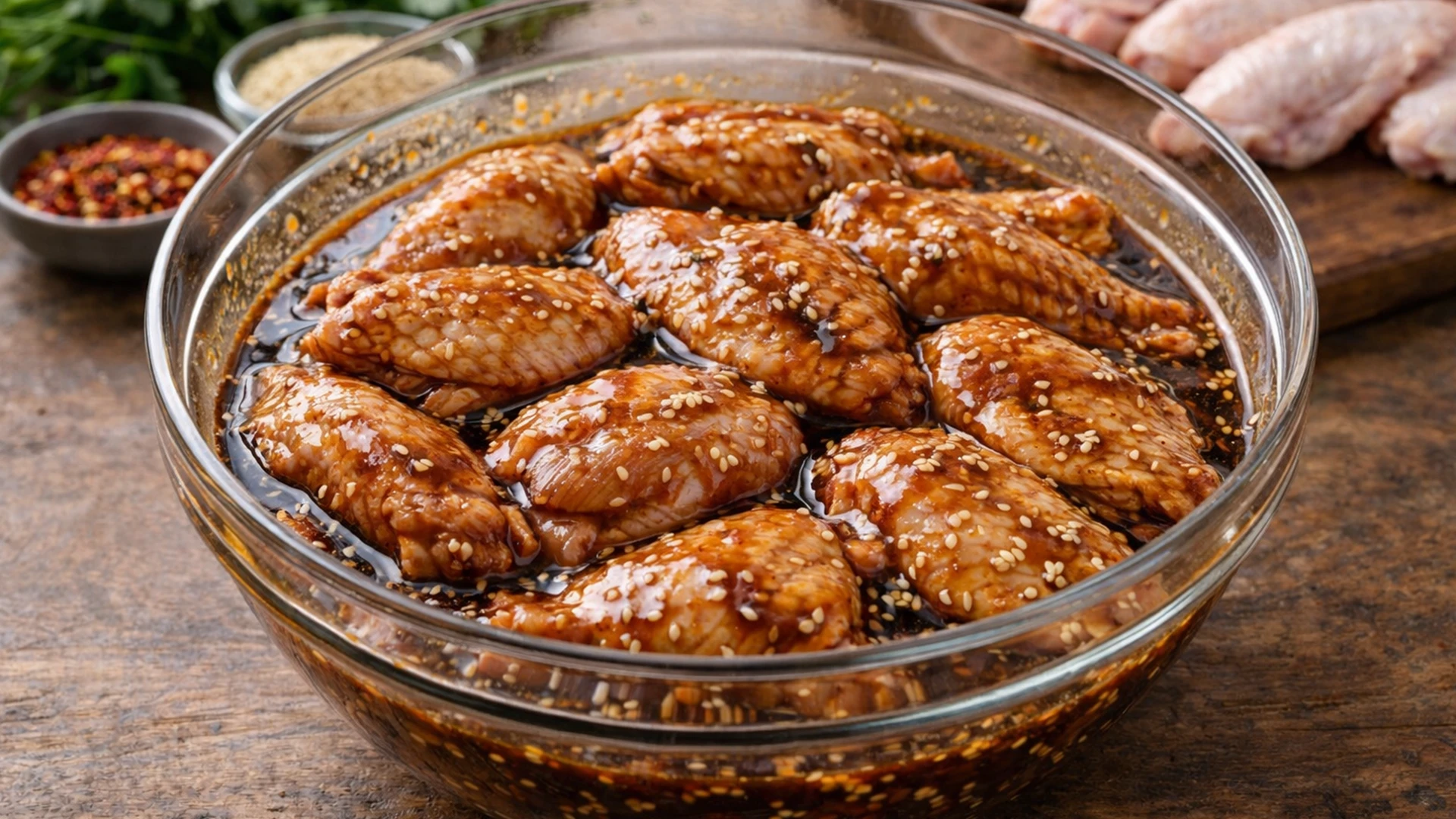 Куриные крылышки в маринаде терияки в миске блестящая поверхность