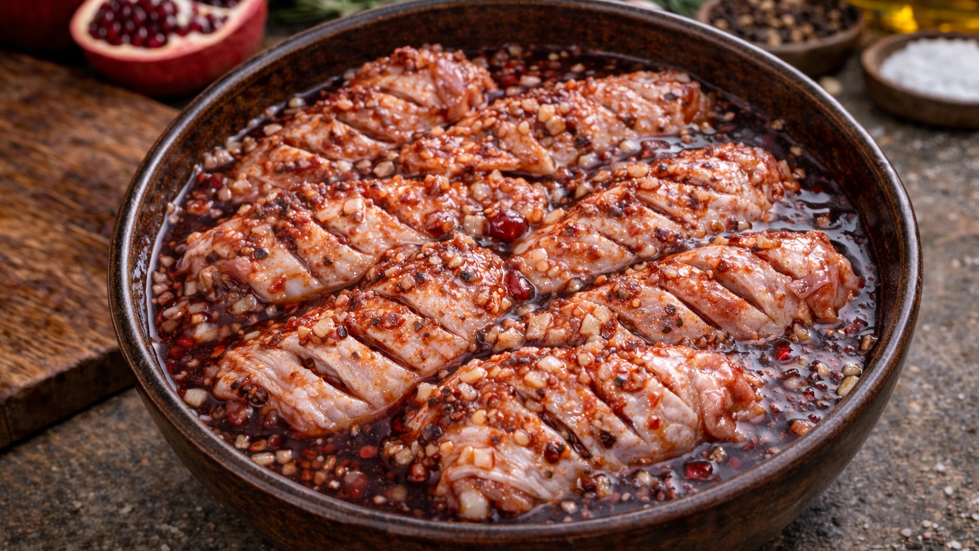 Куриные крылышки в миске покрыты гранатовым маринадом с луком