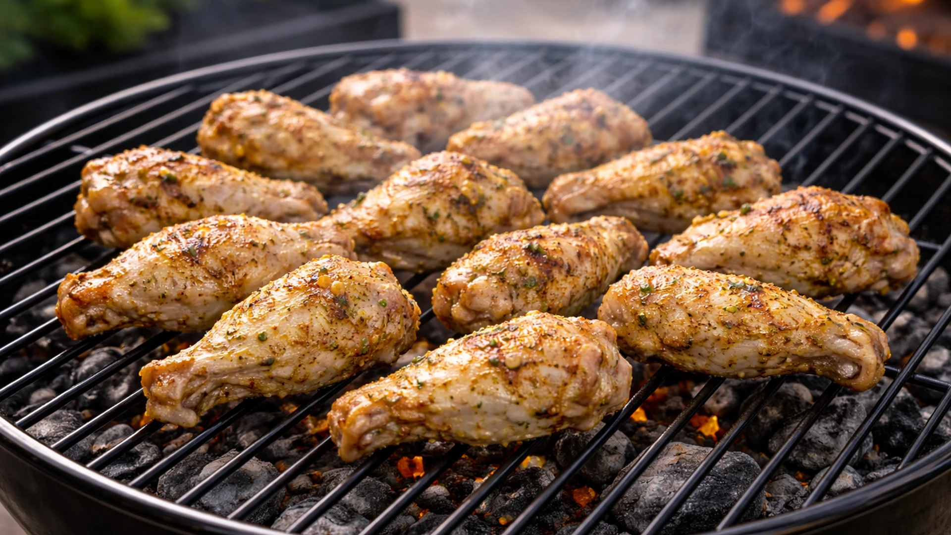 Куриные крылышки жарятся на решётке мангала с лёгким дымом