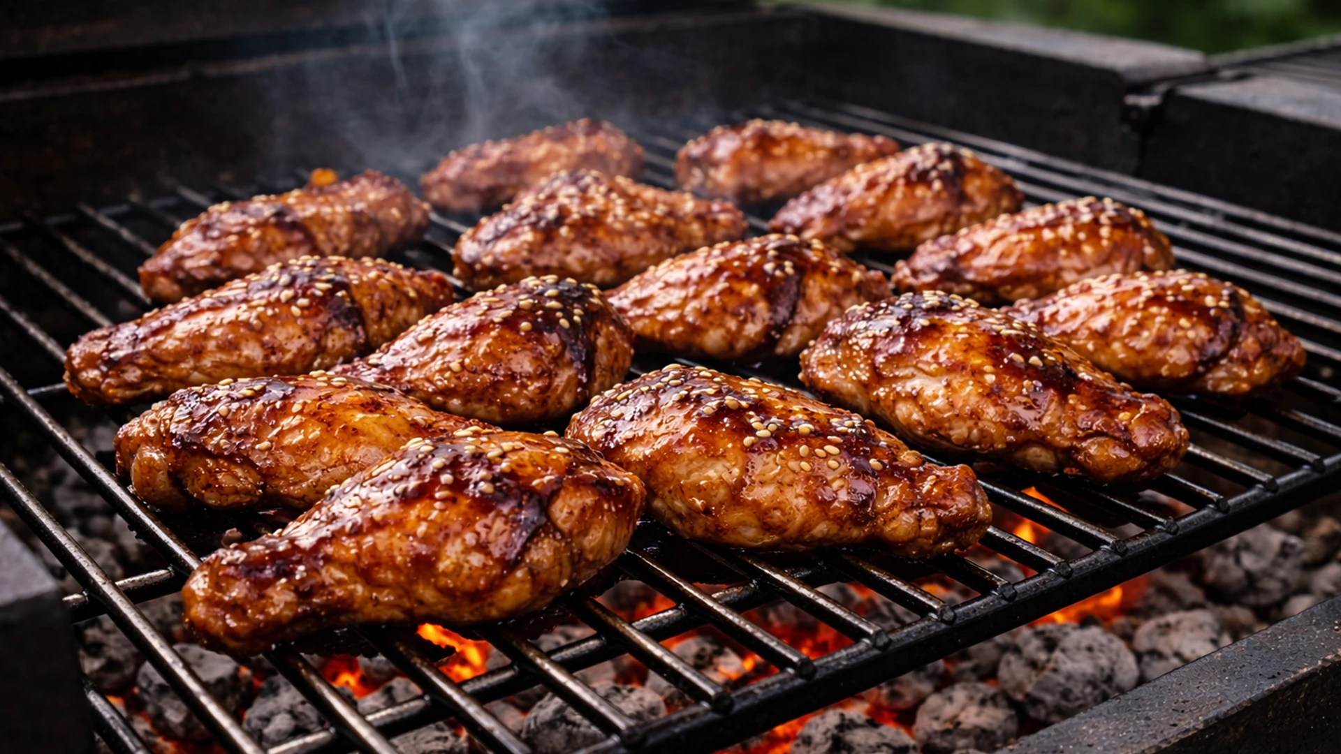 Куриные крылышки терияки жарятся на решётке карамелизация на поверхности