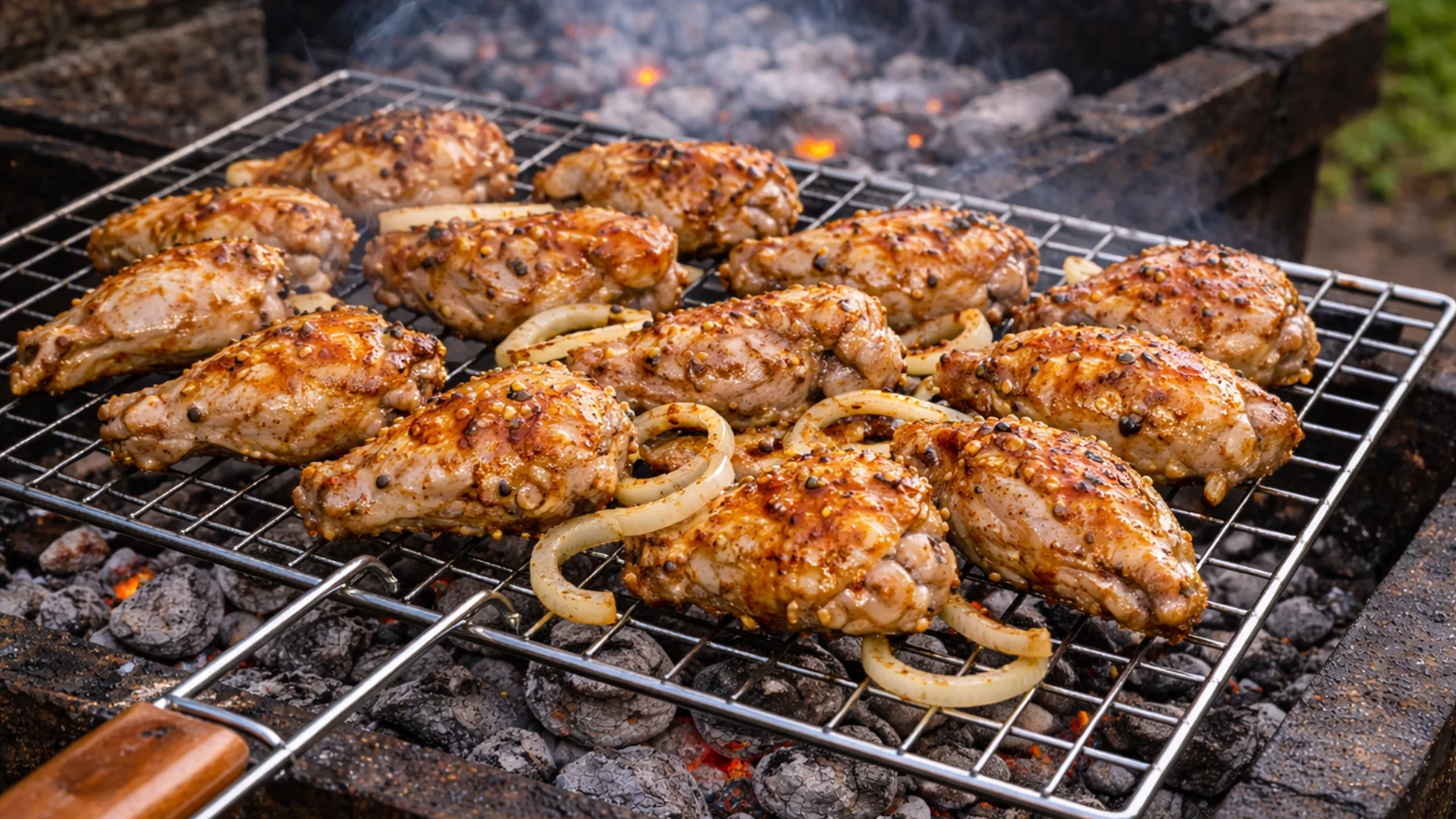 Куриные крылышки жарятся на решётке мангала над углями с лёгким дымом