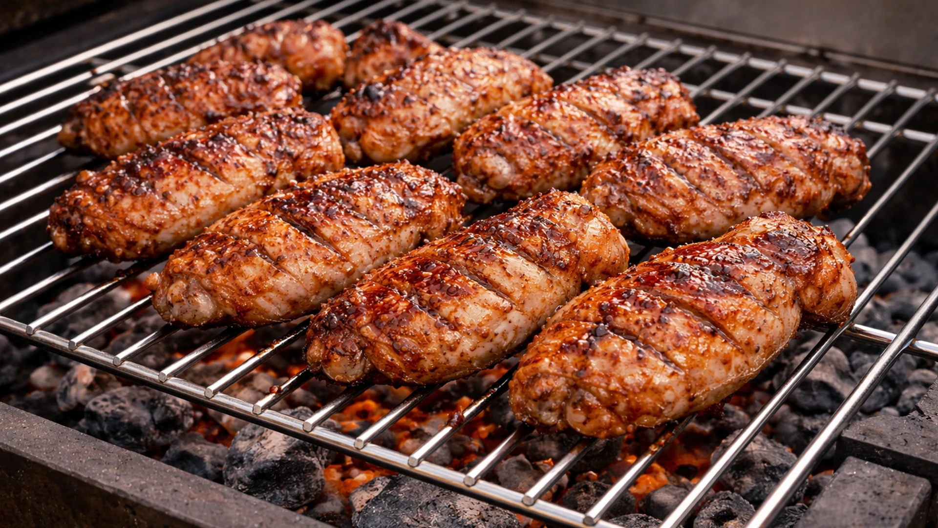 Куриные крылышки жарятся на решётке мангала до румяной корочки