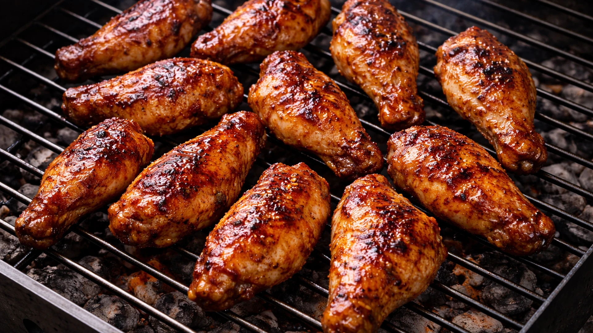 Куриные крылышки на решётке мангала вид сверху с карамелизацией глазури