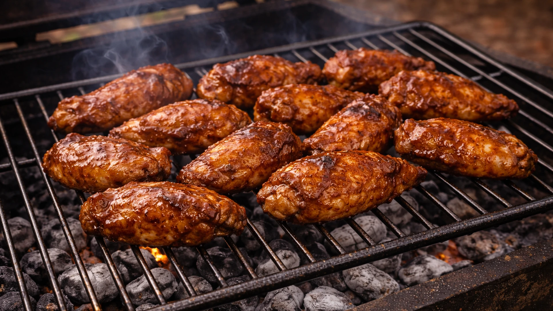 Куриные крылышки жарятся на решётке мангала вид сбоку лёгкий дым
