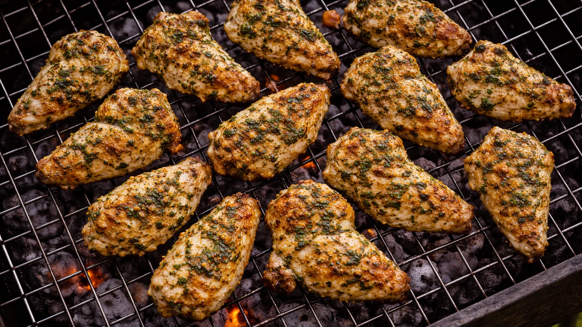 Куриные крылышки жарятся на решётке на мангале, вид сверху, травы на поверхности