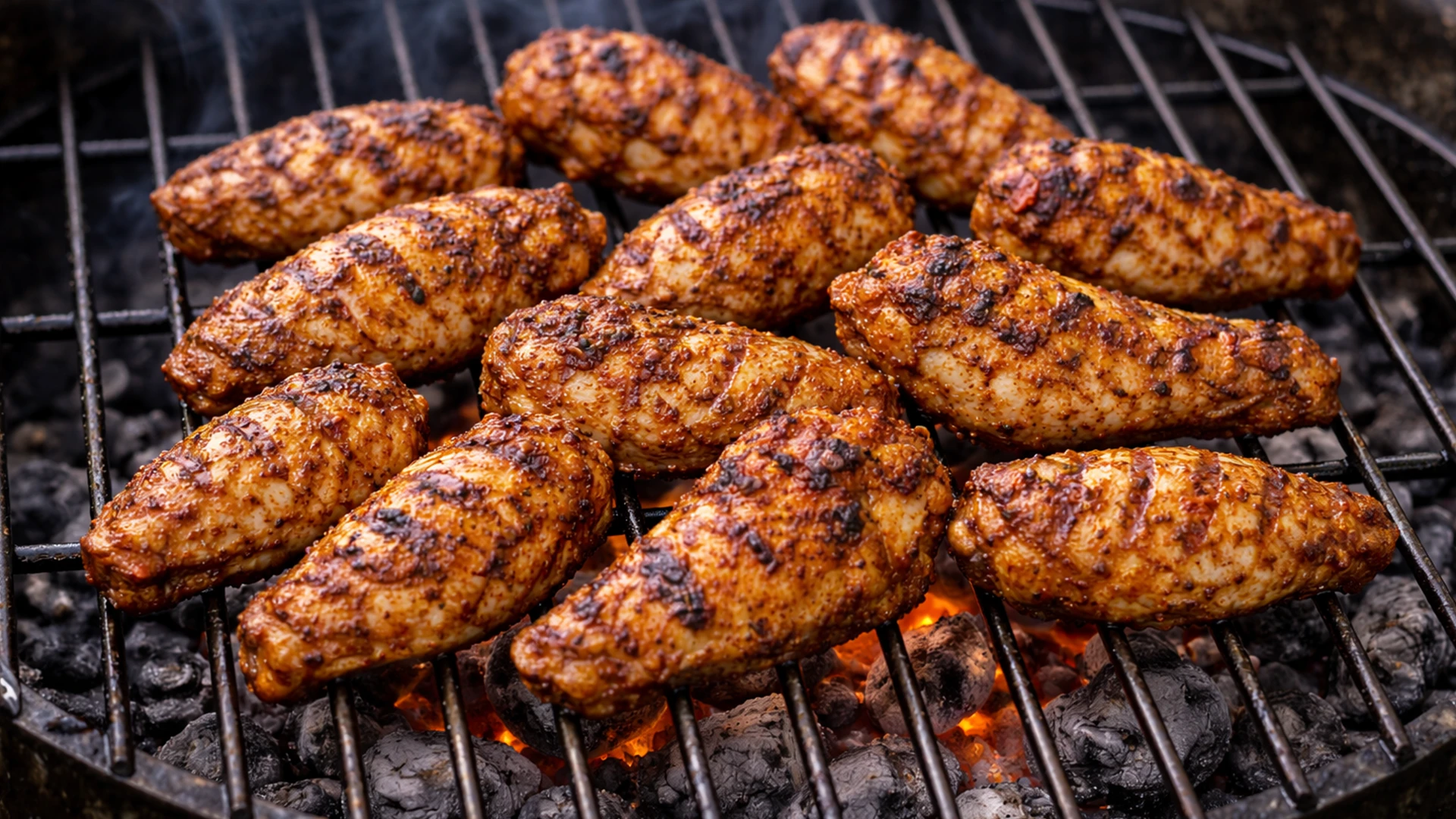 Крылышки жарятся на решётке мангала вид сверху лёгкий дым