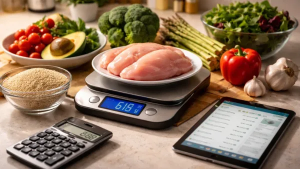 Продукты на весах для расчёта калорийности.