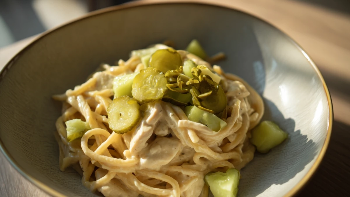 Фото блюда: Куриная паста с солеными огурцами в сливочном соусе: неожиданный вкус