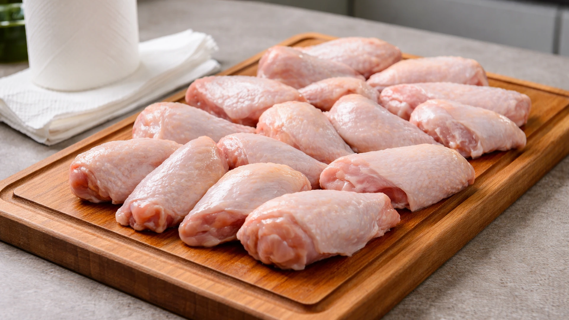 Сырые куриные крылышки на деревянной доске рядом с бумажными полотенцами