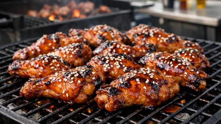 Куриные крылышки терияки на мангале на решётке с кунжутом