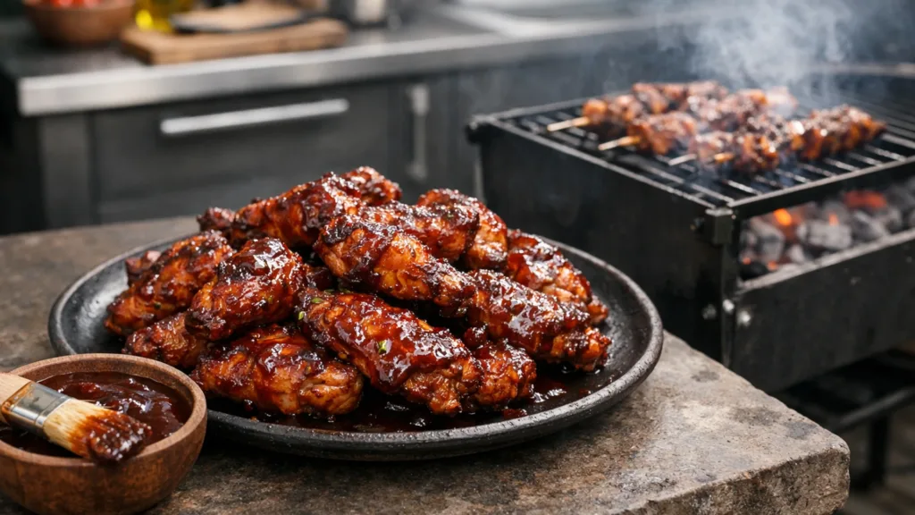 Куриные крылышки в барбекю маринаде на мангале