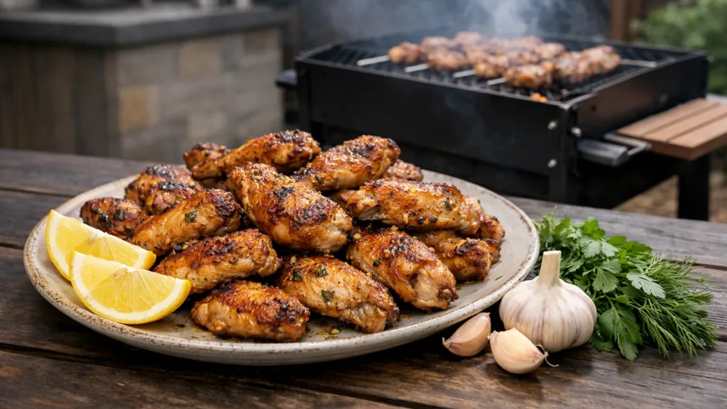 Куриные крылышки в чесночно-лимонном маринаде на мангале