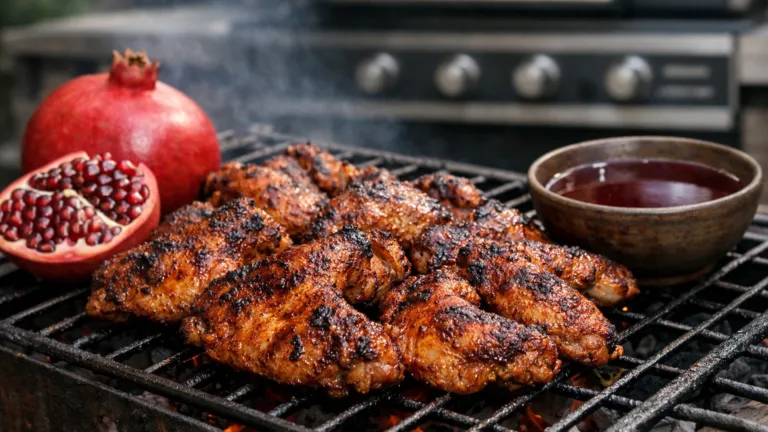 Куриные крылышки в гранатовом маринаде на мангале на решётке с гранатом