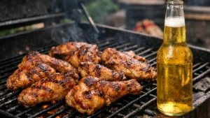 Куриные крылышки в пивном маринаде жарятся на мангале рядом с бутылкой светлого пива