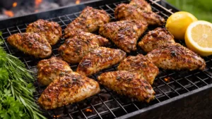 Куриные крылышки в прованском маринаде на мангале на решётке с лимоном и зеленью