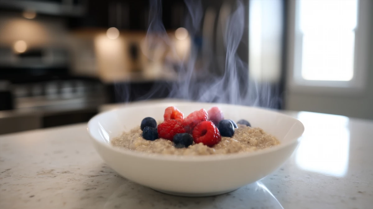 Фото блюда: Теплая овсяная каша с льняным урбечем и ягодами для бодрого утра