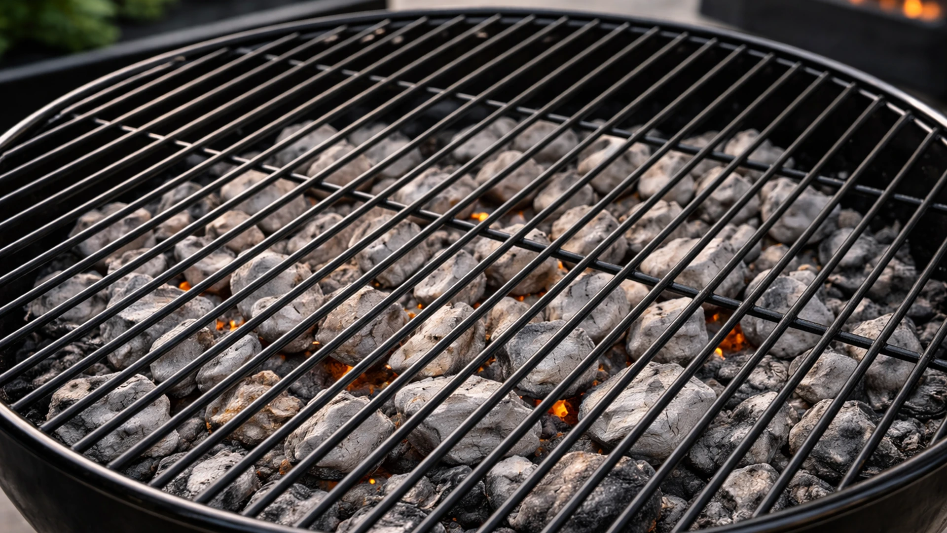 Мангал с равномерно прогретыми серыми углями и решёткой без пламени