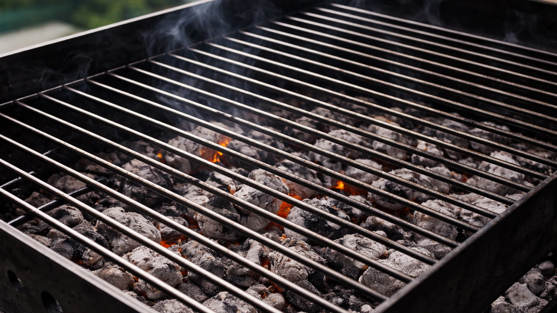 Мангал с серыми углями без огня и прогревающейся решёткой