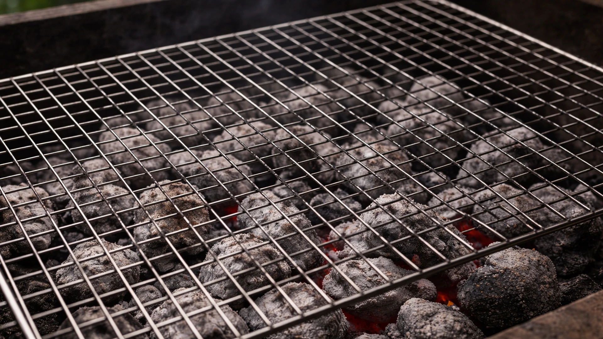 Мангал с серыми углями, сверху установлена решётка для жарки