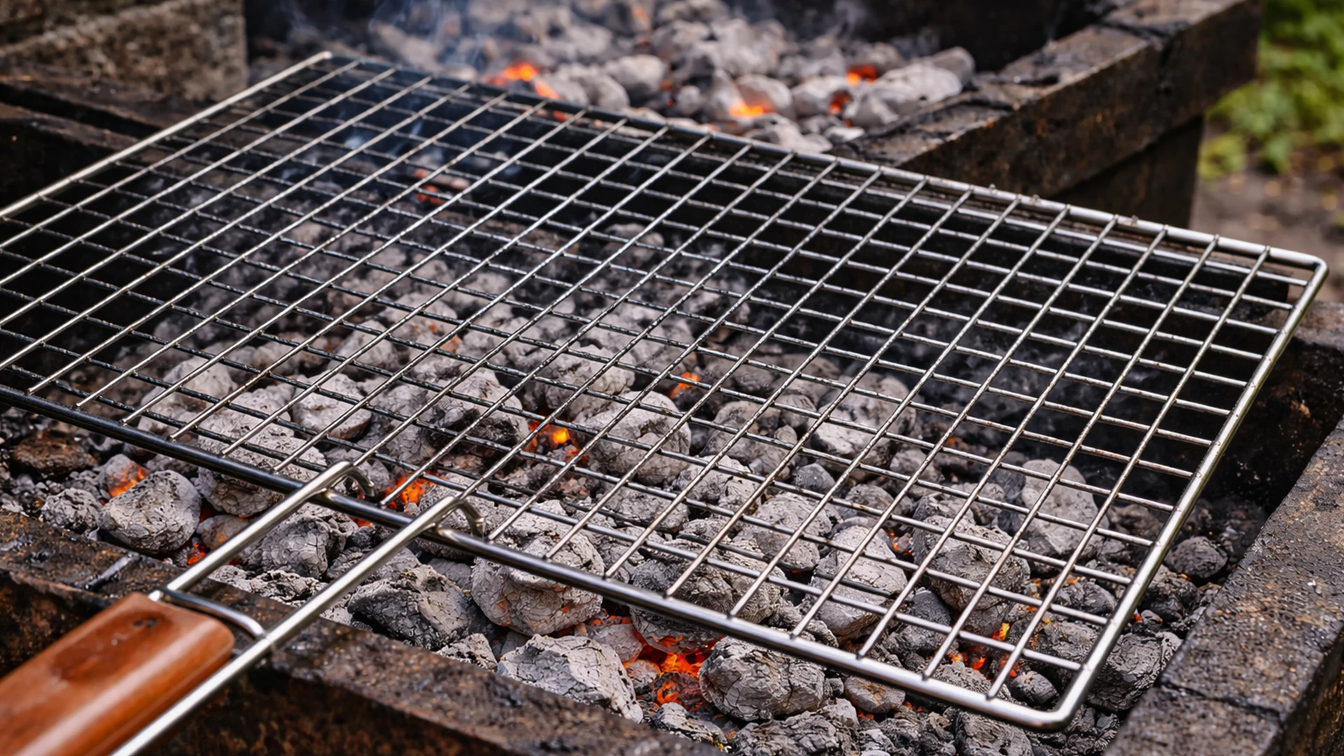 Мангал с серыми углями и подготовленной решёткой для жарки куриных крылышек
