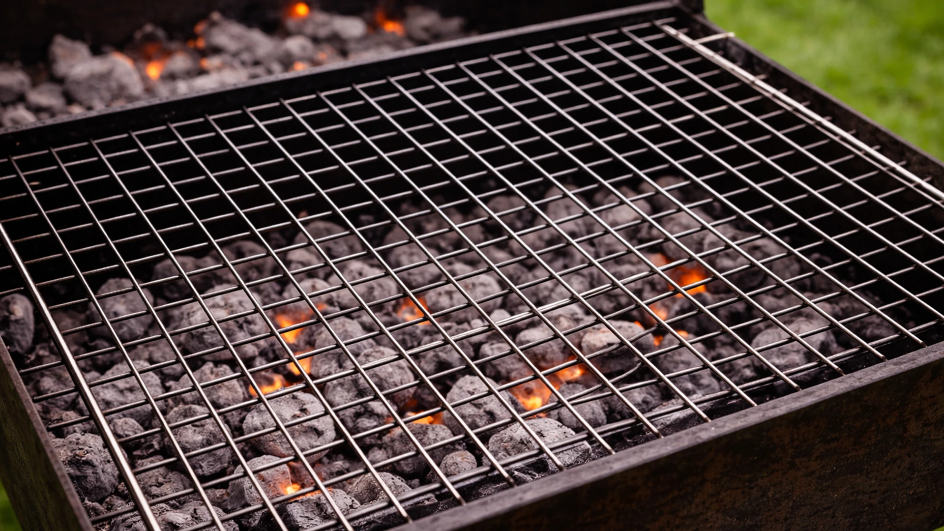 Мангал с серыми углями и подготовленной решёткой для жарки