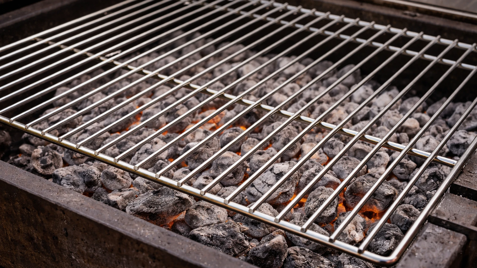 Мангал с серыми углями и подготовленной решёткой перед жаркой крылышек