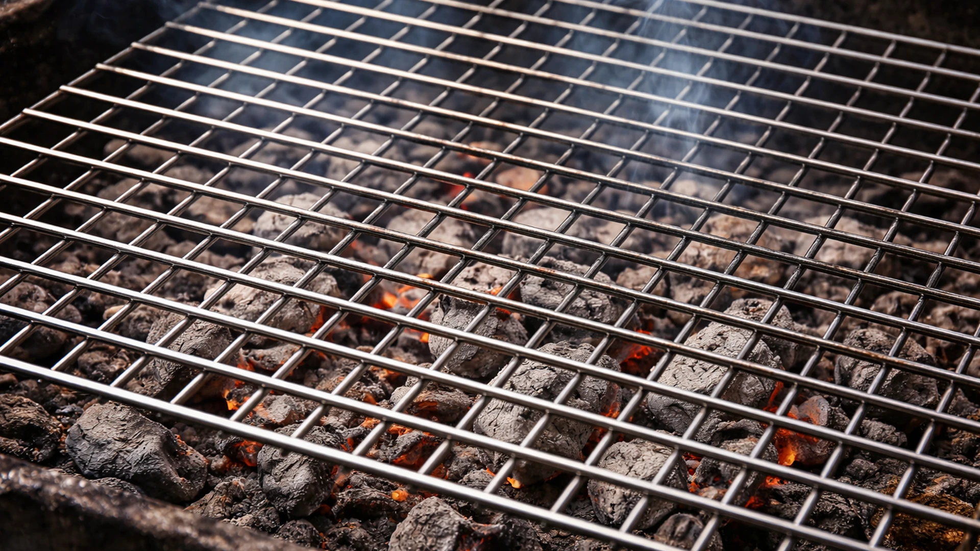 Мангал с серыми углями без огня и прогревающейся решёткой