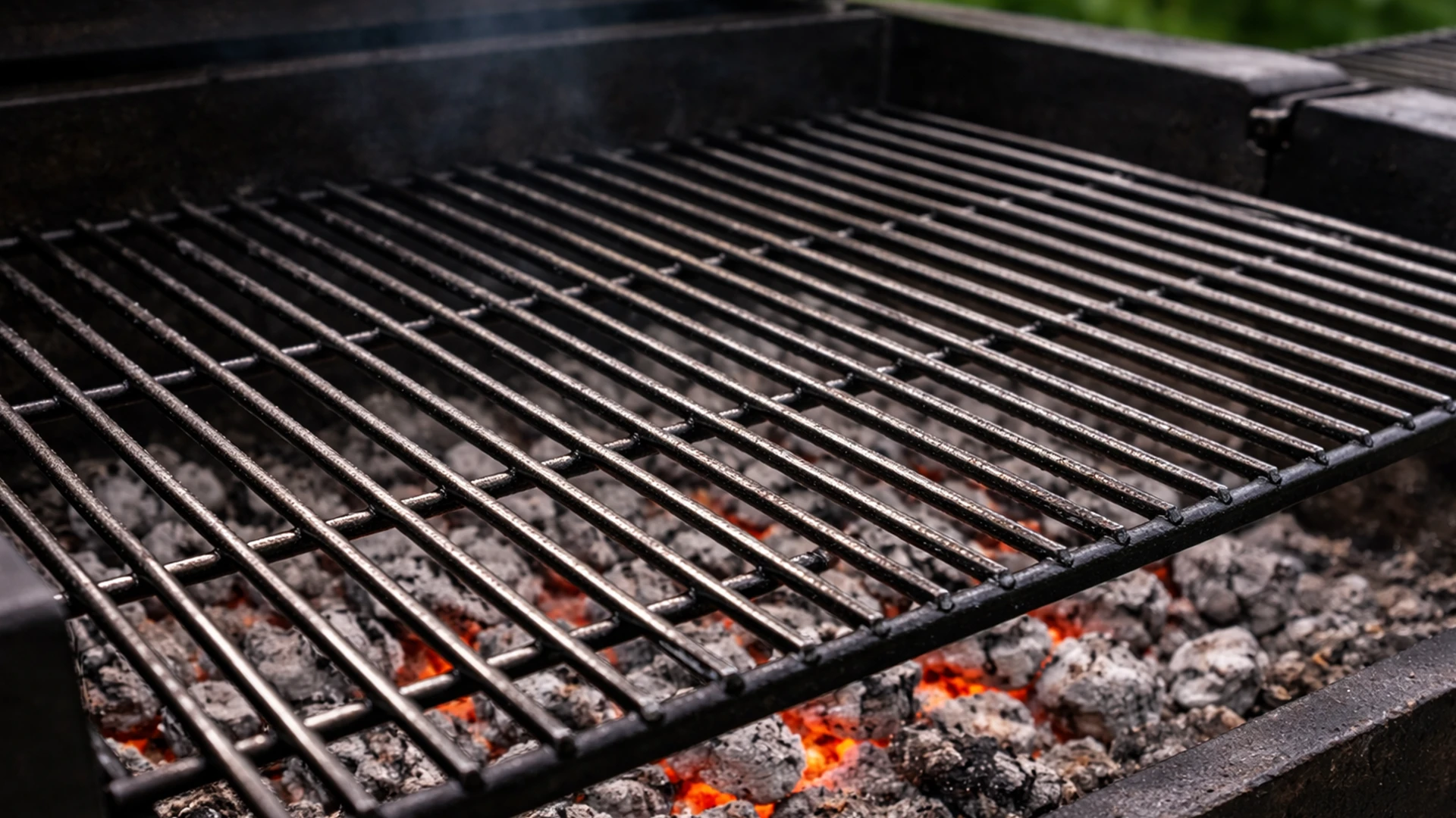 Мангал с серыми углями и подготовленной решёткой перед жаркой крылышек