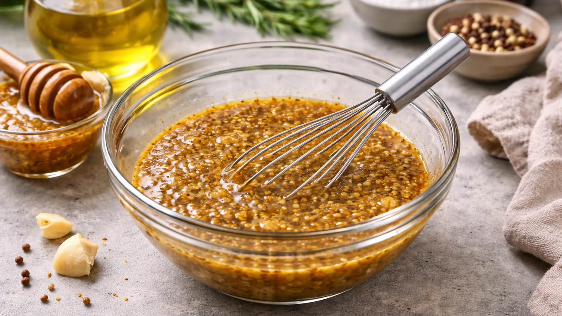 Горчично медовый маринад в миске с венчиком