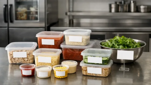 Маркировка продуктов для хранения на профессиональной кухне с контейнерами и этикетками