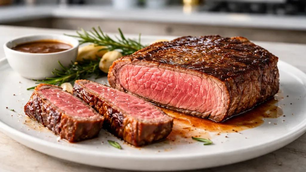 Стейк прожарки medium rare в разрезе с розово красной серединой