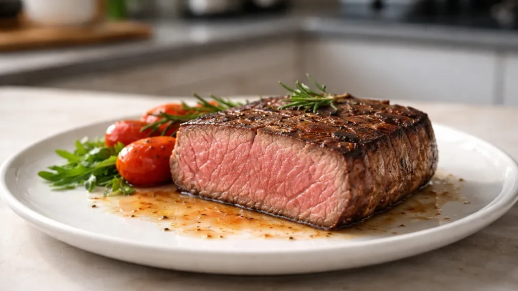 Стейк прожарки medium well в разрезе со светло розовой серединой
