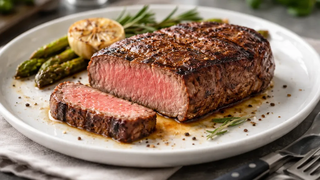 Стейк прожарки medium well в разрезе со светло розовой серединой