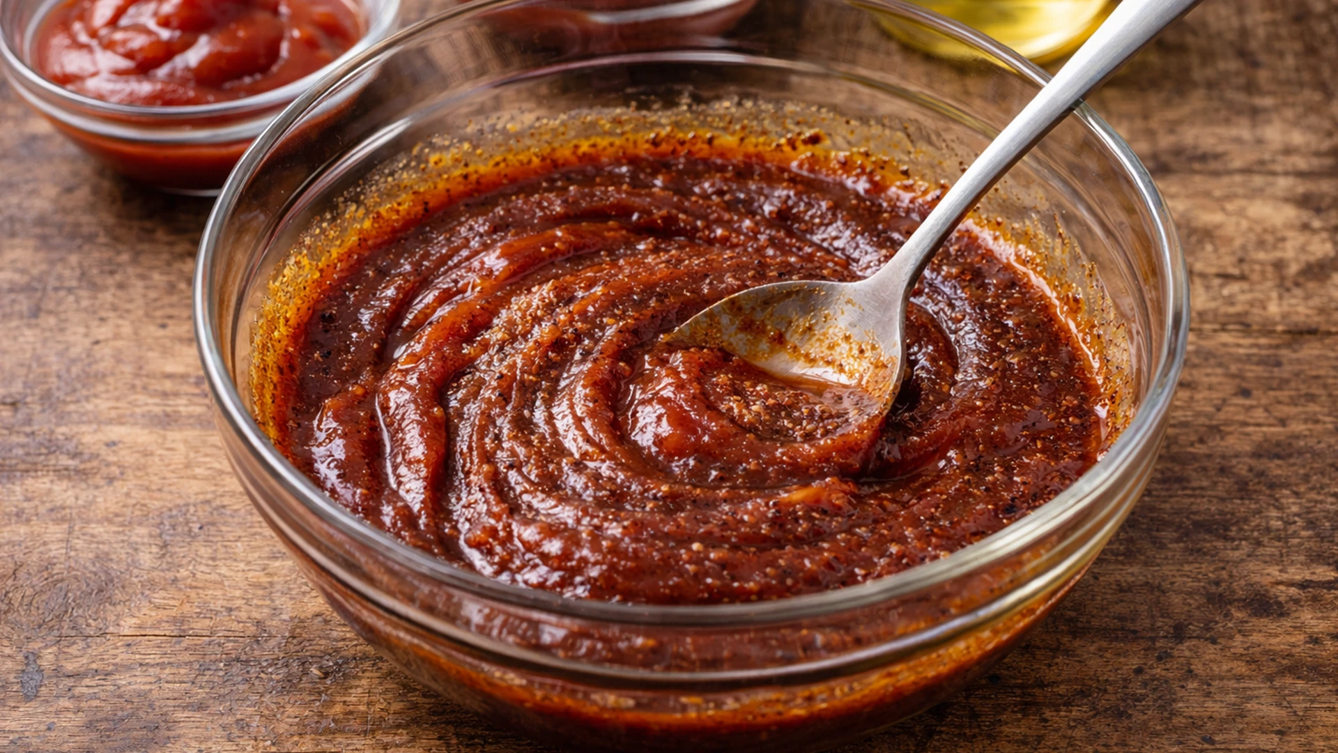Барбекю соус в миске из кетчупа томатной пасты и специй перемешивается ложкой