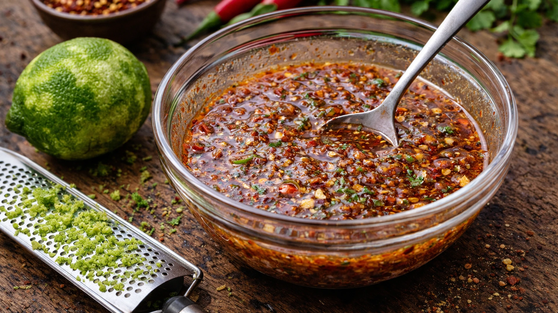 Маринад чили лайм со специями в миске и тёрка для цедры