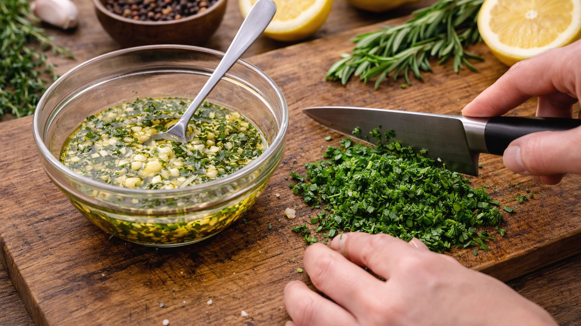 Приготовление прованского маринада в миске: масло, лимон, чеснок и зелень