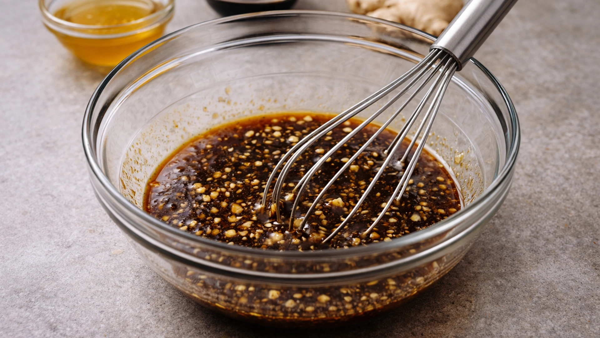 Миска с медово соевым маринадом с чесноком и имбирём и венчиком