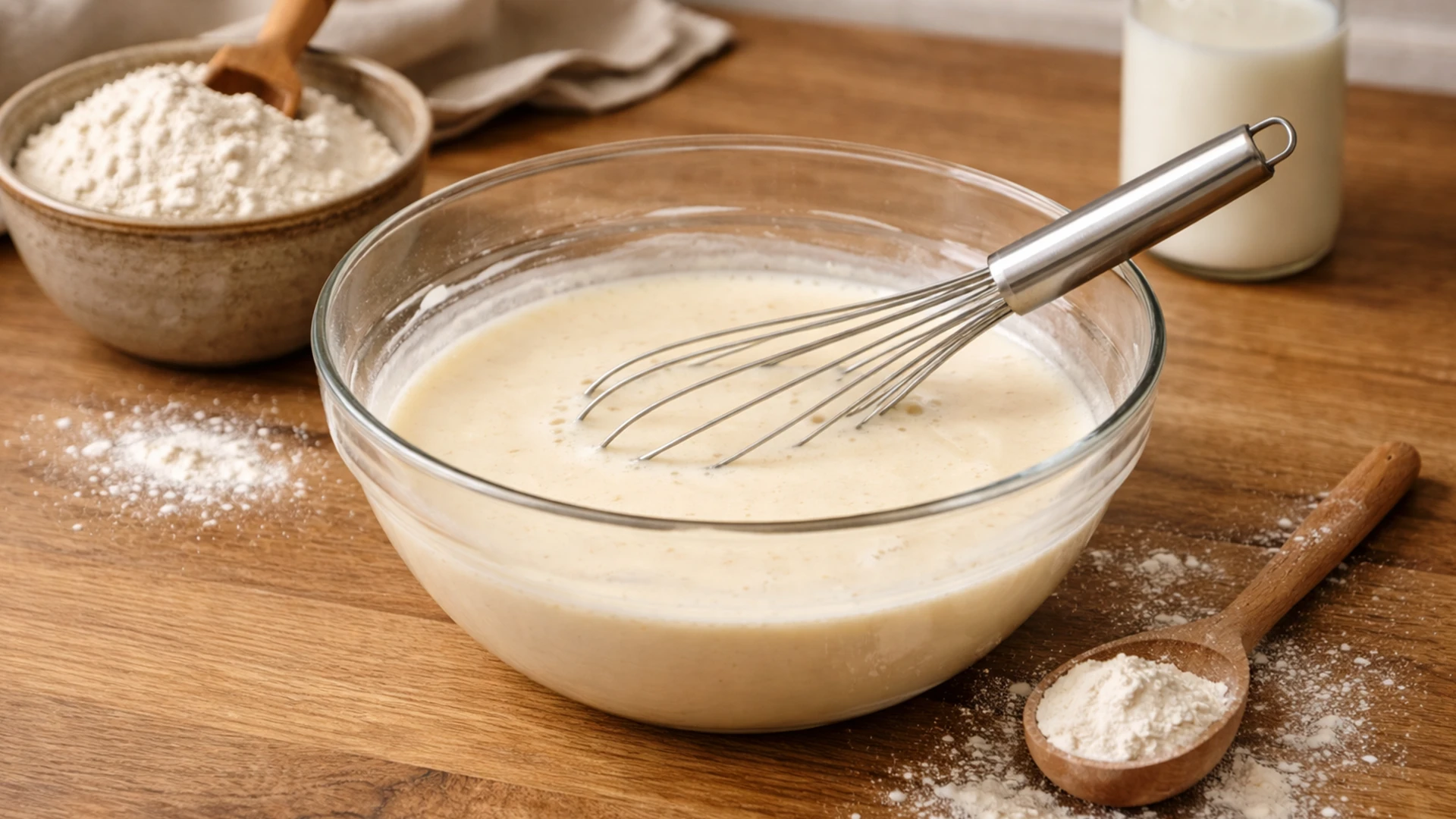 Приготовление теста для блинов с зеленым луком и яйцом