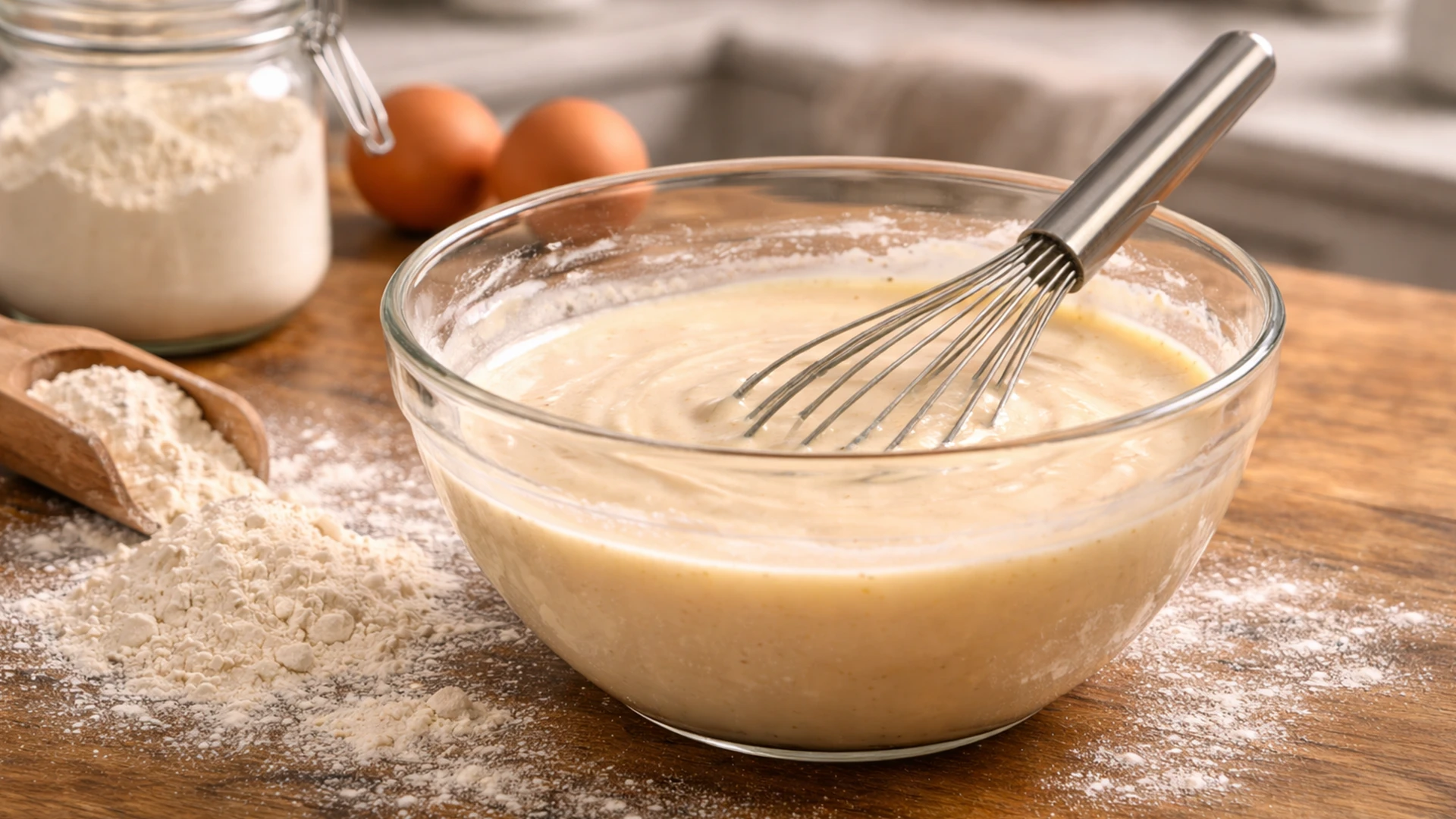 Приготовление теста для блинов с шоколадом и арахисом