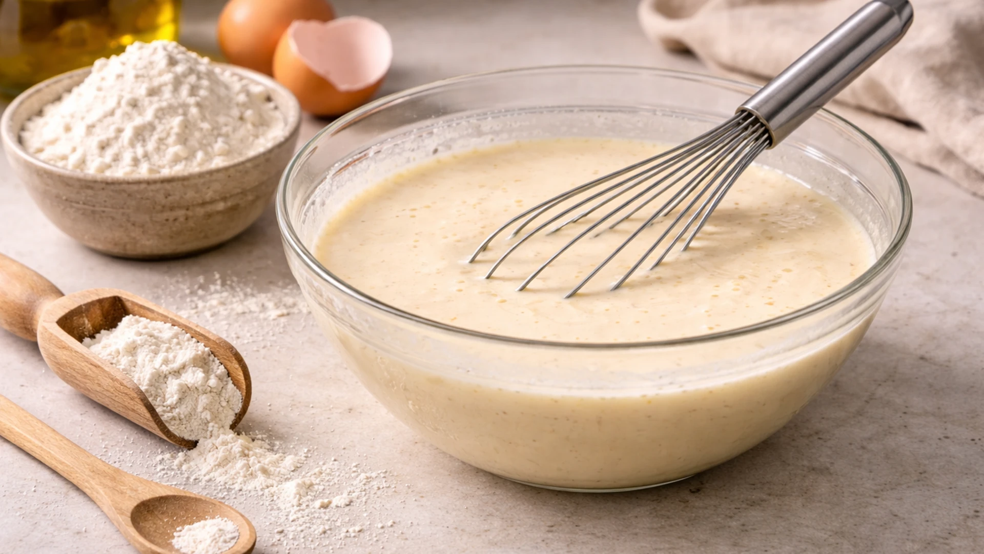 Приготовление теста для блинов с мясным фаршем