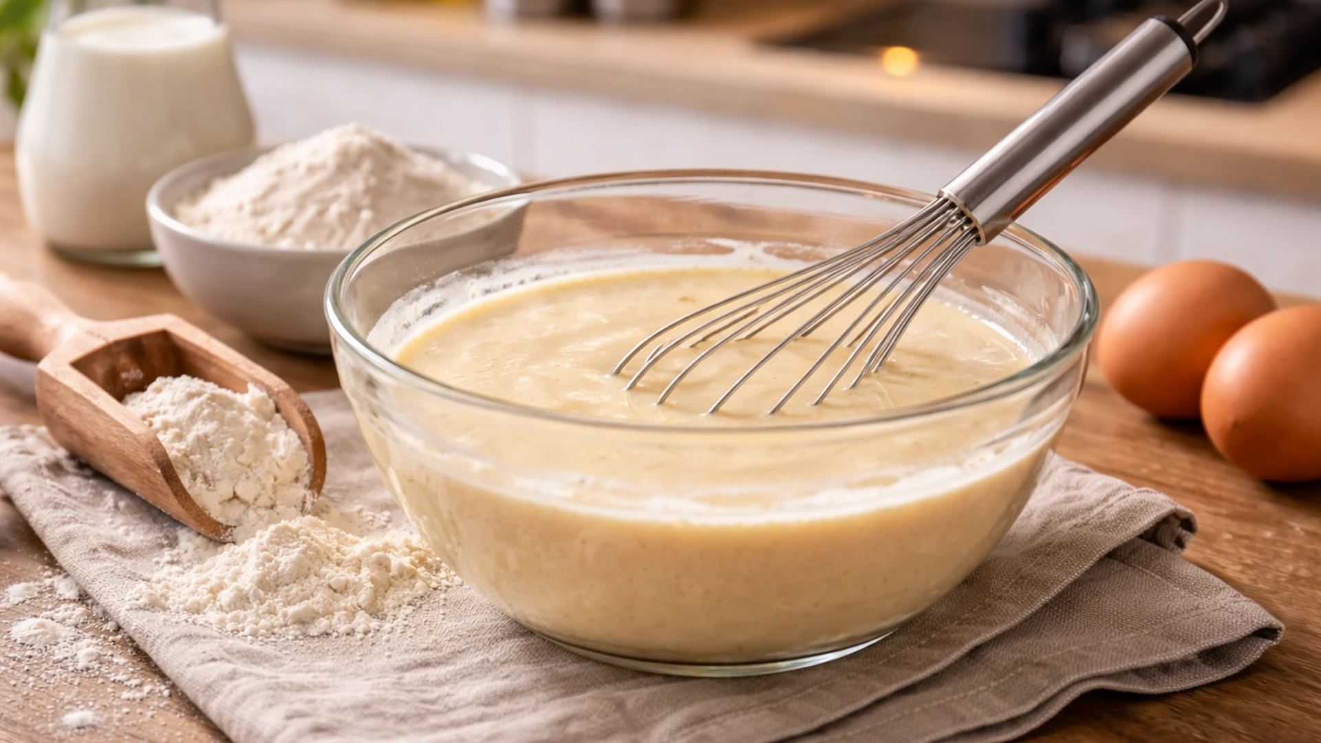 Приготовление теста для блинов с ветчиной, сыром и помидорами