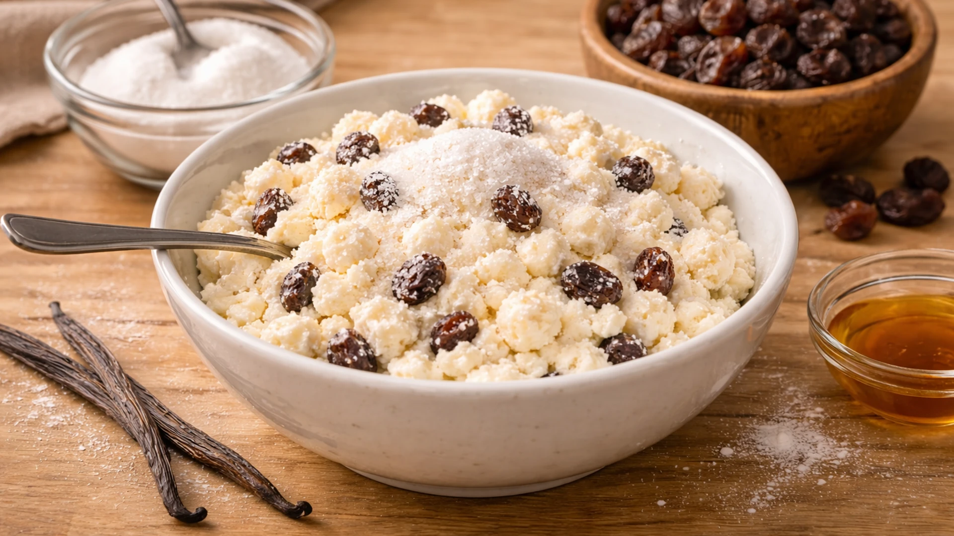 Приготовление начинки с творогом и изюмом