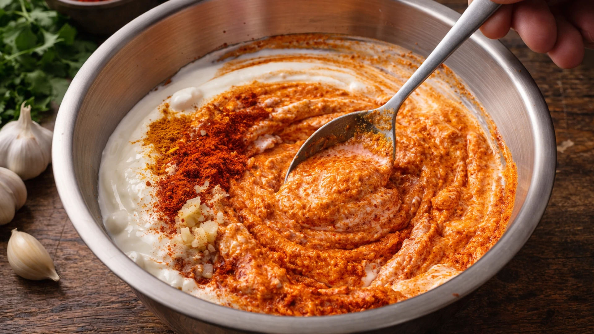 Йогуртовый маринад тандури со специями в миске, ложка перемешивает смесь