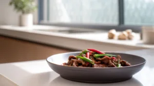 Фото блюда: Момордика с говядиной в насыщенном соевом соусе с ярким вкусом