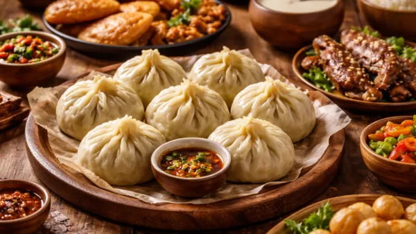 Монгольская кухня, традиционные буузы на деревянном блюде с соусом, национальные закуски на фоне, теплый свет