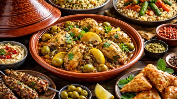 Марокканская кухня, тажин с курицей, зелёными оливками и лимоном на богатом восточном столе